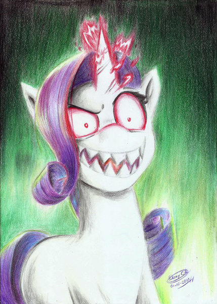 Size: 1662x2323 | Tagged: safe, artist:3500joel, derpibooru import, pony, unicorn, my little pony: a new generation, spoiler:my little pony: a new generation, evil rarity, female, g5, image, jpeg, mare, nightmare fuel, red eyes, sharp teeth, solo, sproutity, teeth, traditional art