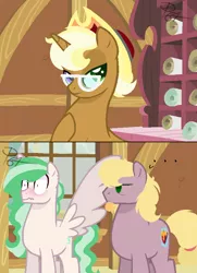 Size: 600x827 | Tagged: safe, artist:pegasister64, derpibooru import, oc, oc:apple turnover, oc:cortland crown, oc:mint mocha tea, unofficial characters only, earth pony, pegasus, pony, unicorn, ..., base used, blushing, cowboy hat, femboy, gay, glasses, hat, image, male, offspring, parent:applejack, parent:big macintosh, parent:derpy hooves, parent:rarity, parent:trenderhoof, parent:zephyr breeze, parents:derpymac, parents:trenderjack, parents:zephyrity, png, spread wings, stallion, wingboner, wings