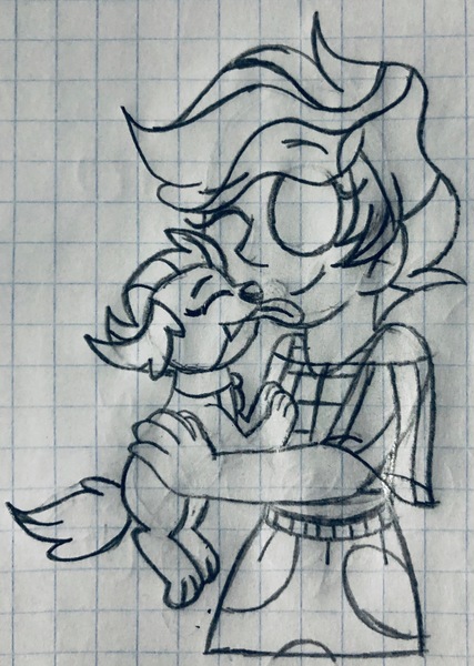 Size: 2300x3234 | Tagged: safe, artist:emmy-does-art, derpibooru import, ocellus, smolder, dog, human, equestria girls, collar, dogified, equestria girls-ified, holding a dog, image, jpeg, licking, one eye closed, pet, sketch, species swap, tongue out