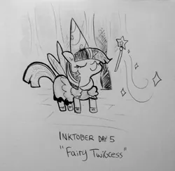 Size: 1366x1328 | Tagged: safe, artist:tjpones, derpibooru import, twilight sparkle, pony, unicorn, clothes, costume, dress, eyes closed, fairy costume, fairy wings, female, filly, filly twilight sparkle, grayscale, halloween, halloween costume, holiday, image, inktober, inktober 2021, monochrome, png, princess hat, solo, traditional art, twiggie, unicorn twilight, wand, wings, younger