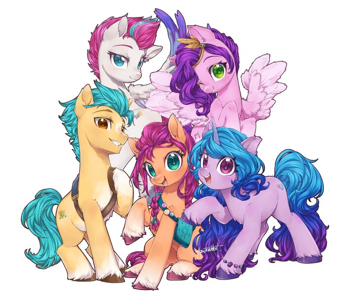 Size: 2556x2230 | Tagged: safe, artist:miomawla, derpibooru import, hitch trailblazer, izzy moonbow, pipp petals, sunny starscout, zipp storm, earth pony, pegasus, unicorn, my little pony: a new generation, bracelet, coat markings, colored pupils, cute, g5, image, jewelry, jpeg, mane five (g5), one eye closed, open mouth, simple background, socks (coat marking), white background, wink