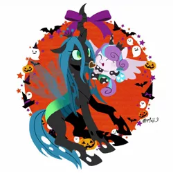 Size: 1280x1280 | Tagged: safe, artist:efuji_d, derpibooru import, princess flurry heart, queen chrysalis, alicorn, changeling, changeling queen, ghost, pony, undead, auntie chrissy, baby, baby pony, blush sticker, blushing, clothes, costume, crown, cute, duo, eyes closed, female, filly, flurrybetes, halloween, halloween costume, hat, heart, holiday, horn, horn sock, image, jack-o-lantern, jewelry, jpeg, pumpkin, regalia, socks, wavy mouth, witch hat