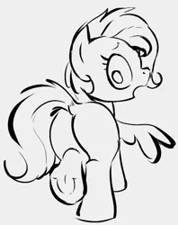 Size: 504x636 | Tagged: suggestive, artist:dotkwa, derpibooru import, oc, oc:ethereal pelagia, unofficial characters only, pegasus, pony, butt, female, frog (hoof), grayscale, image, looking at you, looking back, looking back at you, mare, monochrome, open mouth, plot, png, rear view, simple background, underhoof, white background