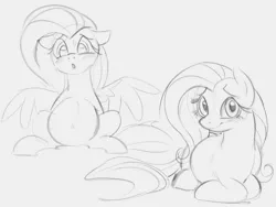 Size: 1124x845 | Tagged: safe, artist:dotkwa, derpibooru import, fluttershy, pegasus, pony, :o, belly, belly button, big belly, blushing, cute, female, grayscale, image, looking at you, lying down, mare, monochrome, open mouth, outie belly button, png, preggoshy, pregnant, prone, shyabetes, simple background, sitting, sketch, smiling, solo, spread wings, sweat, white background, wings