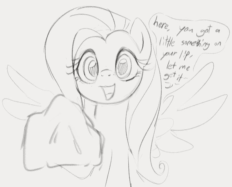 Size: 823x665 | Tagged: safe, artist:dotkwa, derpibooru import, fluttershy, pegasus, pony, cute, dialogue, female, grayscale, handkerchief, image, looking at you, mare, monochrome, open mouth, open smile, png, shyabetes, simple background, sketch, smiling, solo, spread wings, talking to viewer, white background, wings