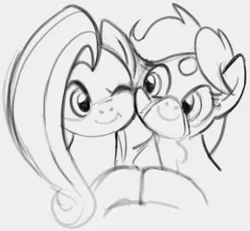 Size: 2445x2259 | Tagged: safe, artist:dotkwa, derpibooru import, oc, oc:dotmare, earth pony, pegasus, pony, bust, canon x oc, cheek squish, female, grayscale, hooves together, image, lesbian, mare, monochrome, one eye closed, png, shipping, simple background, sketch, smiling, squishy cheeks, white background