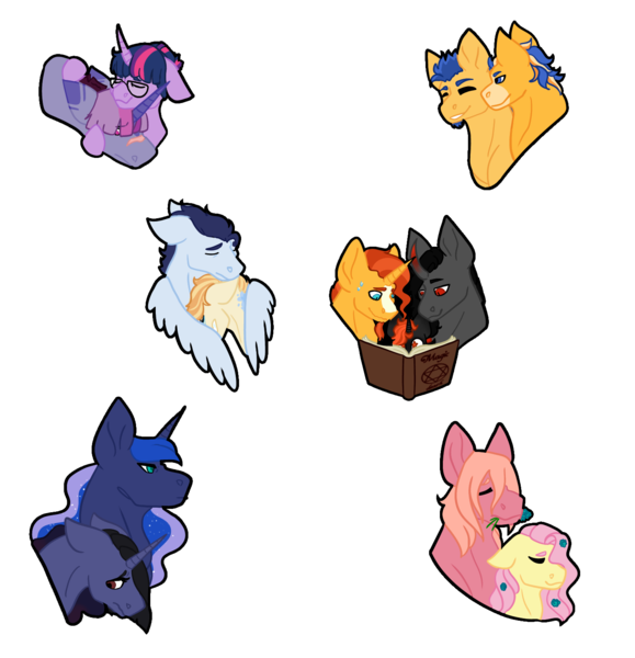 Size: 1461x1513 | Tagged: safe, artist:orangemoonarts, derpibooru import, flash sentry, fluttershy, king sombra, princess luna, soarin', sunburst, twilight sparkle, twilight sparkle (alicorn), oc, oc:alastor star, oc:flapapple, oc:solar rosa, alicorn, earth pony, hybrid, pegasus, pony, unicorn, book, father and child, father and son, female, flower, flower in hair, gay, hug, image, interspecies offspring, magical gay spawn, male, mare, mother and child, mother and daughter, mother and son, not big macintosh, offspring, parent:big macintosh, parent:discord, parent:flash sentry, parent:fluttershy, parent:king sombra, parent:princess luna, parent:soarin', parent:sunburst, parent:twilight sparkle, parents:discolight, parents:flashburst, parents:fluttermac, parents:lumbra, parents:somburst, png, shipping, somburst, stallion