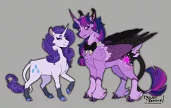 Size: 1280x816 | Tagged: safe, artist:dylandonnie, derpibooru import, rarity, twilight sparkle, twilight sparkle (alicorn), alicorn, classical unicorn, pony, unicorn, vampire, bowtie, cloven hooves, curved horn, cutie mark, duo, ear piercing, ear tufts, earring, fangs, female, gray background, horn, image, jewelry, jpeg, leonine tail, lesbian, piercing, rarilight, scar, shipping, simple background, smiling, unshorn fetlocks, wings