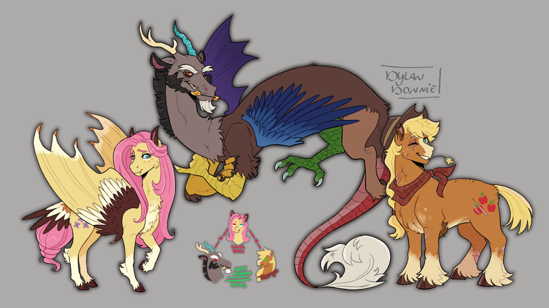 Size: 3000x1682 | Tagged: safe, artist:dylandonnie, derpibooru import, applejack, discord, fluttershy, draconequus, earth pony, hybrid, pegasus, pony, applejack's hat, appleshy, bandana, bisexual, chest fluff, cloven hooves, cowboy hat, cutie mark, discoshy, eye scar, fangs, female, gray background, hat, heterochromia, hybrid wings, image, lesbian, male, neckerchief, one eye closed, png, polyamory, scar, shipping, simple background, smiling, snaggletooth, spread wings, straight, straw in mouth, trio, unshorn fetlocks, wings