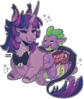 Size: 296x348 | Tagged: safe, artist:dylandonnie, derpibooru import, spike, twilight sparkle, classical unicorn, dragon, pony, unicorn, vampire, bowtie, cloven hooves, coffee mug, curved horn, duo, ear tufts, eyes closed, fangs, horn, image, leaning on someone, leonine tail, lying down, mug, png, simple background, sitting, smiling, sparkles, transparent background, unshorn fetlocks