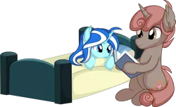 Size: 9417x5709 | Tagged: safe, artist:cyanlightning, derpibooru import, oc, oc:auburn flare, oc:ocean swell, pony, unicorn, .svg available, absurd resolution, bed, book, female, filly, image, lying, png, reading, simple background, teenager, transparent background, vector, younger