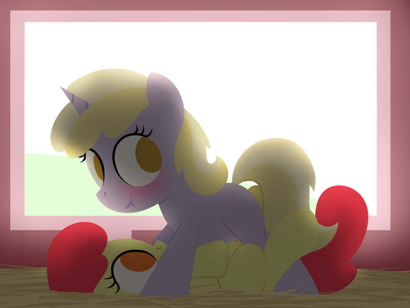Size: 1280x960 | Tagged: safe, artist:dtcx97, derpibooru import, apple bloom, dinky hooves, earth pony, pony, unicorn, blushing, female, filly, hay, image, png