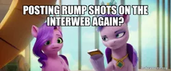 Size: 800x335 | Tagged: safe, derpibooru import, edit, edited screencap, screencap, pipp petals, queen haven, my little pony: a new generation, spoiler:my little pony: a new generation, caption, g5, image, image macro, makeameme.org, png, text