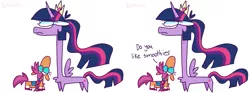 Size: 1583x592 | Tagged: safe, artist:junko, artist:sunnystarscouts, derpibooru import, sunny starscout, twilight sparkle, twilight sparkle (alicorn), alicorn, earth pony, pony, blushing, chest fluff, comic, dialogue, g5, image, long neck, png, size difference, spread wings, wings