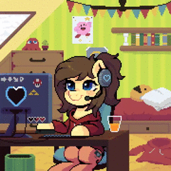 Size: 720x720 | Tagged: safe, artist:hikkage, derpibooru import, oc, oc:retro hearts, unofficial characters only, pegasus, pony, animated, clothes, computer, headset, hoodie, image, pixel art, smiling, solo, webm