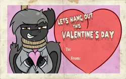 Size: 1408x889 | Tagged: semi-grimdark, artist:tranzmuteproductions, derpibooru import, oc, unofficial characters only, pony, bat wings, bust, card, clothes, hanging (by neck), happy valentines day, heart, image, male, png, smiling, smirk, solo, stallion, wings