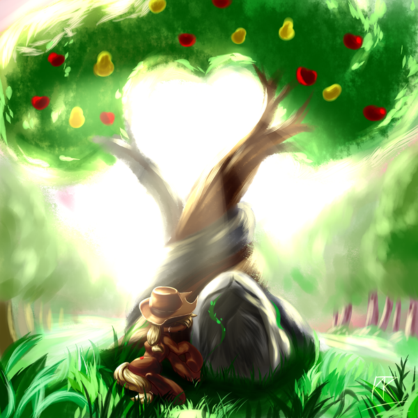 Size: 2000x2000 | Tagged: safe, artist:ktk's sky, derpibooru import, applejack, earth pony, pony, the perfect pear, apple, apple tree, cowboy hat, female, food, grass, hat, image, mare, pear, pear tree, png, solo, stone, sunshine, tree