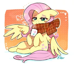 Size: 1806x1546 | Tagged: safe, artist:nendo, derpibooru import, fluttershy, pegasus, pony, abstract background, blushing, chocolate, clothes, cozy, cute, female, food, holding, hot chocolate, image, mare, mug, out of frame, png, scarf, shyabetes, simple background, solo