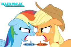 Size: 2000x1319 | Tagged: safe, artist:kuren247, derpibooru import, applejack, rainbow dash, earth pony, pegasus, pony, angry, argument, cowboy hat, fight, hat, image, looking at each other, png, simple background, speech bubble, text, transparent background, vector, yelling