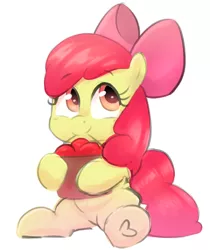 Size: 3136x3728 | Tagged: safe, artist:maxisb8, artist:nozukz, derpibooru import, apple bloom, earth pony, pony, apple, bow, bucket, female, filly, food, hair bow, heart, heart hoof, holding, image, mouth hold, png, sitting, smiling, solo