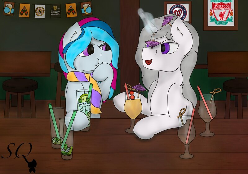Size: 3389x2372 | Tagged: safe, artist:snow quill, derpibooru import, piña colada, oc, unofficial characters only, earth pony, pony, unicorn, banner, bar, clothes, commission, covering mouth, drinking glass, earth pony oc, female, horn, image, jpeg, laughing, looking at each other, magic, male, mare, mojito, scarf, sports logo, stallion, unicorn oc