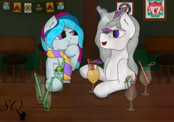 Size: 3389x2372 | Tagged: safe, artist:snow quill, derpibooru import, piña colada, oc, unofficial characters only, earth pony, pony, unicorn, banner, bar, clothes, commission, covering mouth, drinking glass, earth pony oc, female, horn, image, jpeg, laughing, looking at each other, magic, male, mare, mojito, scarf, sports logo, stallion, unicorn oc