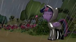 Size: 1600x900 | Tagged: safe, artist:minimalistichipster, artist:rottenthemaker, derpibooru import, twilight sparkle, pony, 3d, cloud, cloudy, garden, image, jpeg, plants, rain, raincoat, solo, source filmmaker, storm