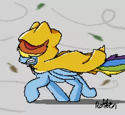 Size: 400x370 | Tagged: safe, artist:minimalistichipster, artist:rottenthemaker, derpibooru import, rainbow dash, pony, image, pixel art, png, raincoat, solo, wind, windswept mane