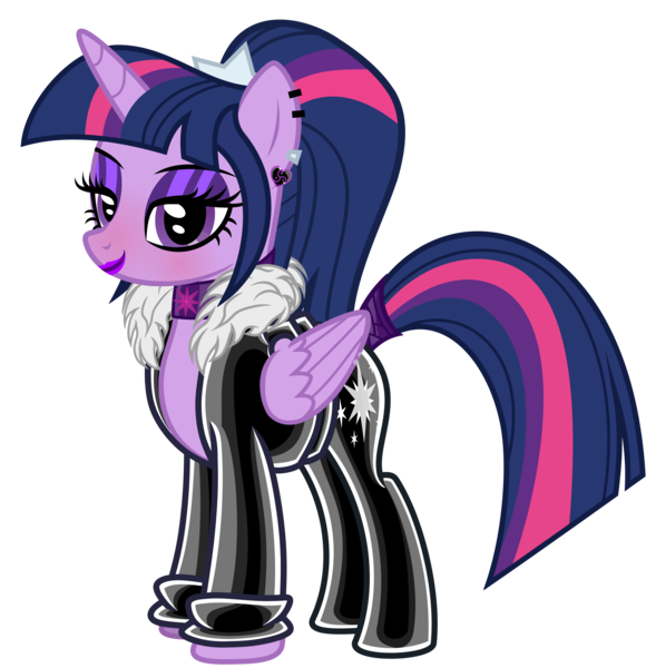 Size: 4432x4518 | Tagged: safe, alternate version, artist:severity-gray, derpibooru import, twilight sparkle, twilight sparkle (alicorn), alicorn, pony, alternate hairstyle, bedroom eyes, choker, clothes, collar, ear piercing, eyeliner, female, image, jacket, latex, latex jacket, latex pants, leggings, lipstick, makeup, mare, pants, piercing, png, ponytail, simple background, solo, tail, tail wrap, transparent background