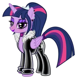 Size: 4432x4518 | Tagged: safe, alternate version, artist:severity-gray, derpibooru import, twilight sparkle, twilight sparkle (alicorn), alicorn, pony, alternate hairstyle, bedroom eyes, choker, clothes, collar, ear piercing, eyeliner, female, image, jacket, latex, latex jacket, latex pants, leggings, lipstick, makeup, mare, pants, piercing, png, ponytail, simple background, solo, tail, tail wrap, transparent background