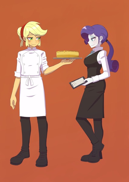 Size: 2894x4093 | Tagged: safe, artist:haibaratomoe, derpibooru import, applejack, rarity, equestria girls, alternate hairstyle, apron, cake, chef, clothes, female, food, image, jpeg, lesbian, menu, orange background, pants, plate, rarijack, shipping, shoes, simple background, suit, waitress