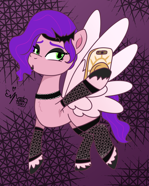 Size: 2400x3000 | Tagged: safe, artist:erenerakhard, derpibooru import, pipp petals, pegasus, my little pony: a new generation, choker, digital art, fishnets, g5, headband, image, makeup, painted hooves, phone, png, selfie, solo