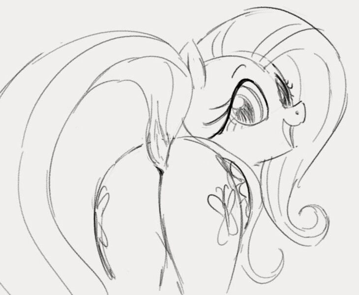 Size: 752x618 | Tagged: suggestive, artist:dotkwa, derpibooru import, fluttershy, pegasus, pony, butt, dock, flutterbutt, grayscale, image, jpeg, looking at you, looking back, looking back at you, monochrome, plot, raised tail, sketch, smiling, smiling at you, tail