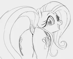 Size: 752x618 | Tagged: suggestive, artist:dotkwa, derpibooru import, fluttershy, pegasus, pony, butt, dock, flutterbutt, grayscale, image, jpeg, looking at you, looking back, looking back at you, monochrome, plot, raised tail, sketch, smiling, smiling at you, tail