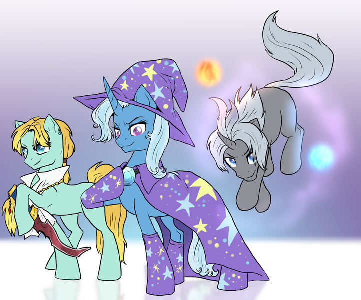 Size: 2665x2211 | Tagged: safe, artist:not-ordinary-pony, derpibooru import, trixie, earth pony, pony, unicorn, fanfic:kingdom hearts of harmony, boots, cape, clothes, colt, commission, crossover, dagger, female, final fantasy, final fantasy ix, hat, image, kingdom hearts of harmony, kuja, male, mare, png, shoes, teenager, transformers, trixie's cape, trixie's hat, weapon, zidane tribal