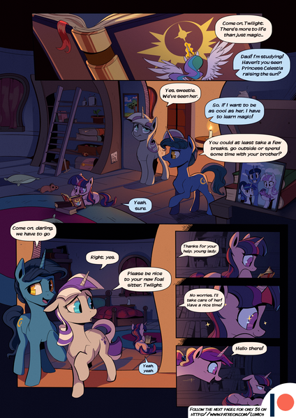 Size: 3541x5016 | Tagged: safe, artist:kaleido-art, artist:lummh, derpibooru import, night light, princess cadance, princess celestia, shining armor, twilight sparkle, twilight velvet, alicorn, pony, unicorn, comic:the princess of love, bed, book, candle, canterlot, female, filly, filly twilight sparkle, image, ladder, male, mare, multiple characters, parent:twilight sparkle, png, room, stallion, unicorn twilight, young cadance, young twilight, younger