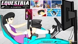 Size: 3840x2160 | Tagged: safe, artist:forzaveteranenigma, derpibooru import, octavia melody, human, equestria girls, ballet slippers, clothes, digital art, dress, ear piercing, earring, flats, forza motorsport, human coloration, image, jewelry, monitors, outfit, piercing, png, racing simulator, serious, serious face, shoes, sim racing, sim setup, watermark