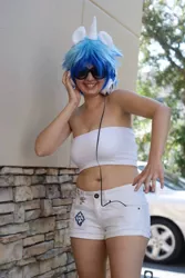 Size: 642x960 | Tagged: suggestive, artist:krazykari, derpibooru import, vinyl scratch, human, 2014, belly button, clothes, cosplay, costume, headphones, image, irl, irl human, jpeg, photo, shorts, sunglasses