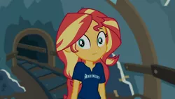 Size: 1280x720 | Tagged: safe, derpibooru import, edit, edited screencap, screencap, sunset shimmer, all the world's off stage, equestria girls, equestria girls series, clothes, image, looking at you, png, seattle mariners, shirt, smiling, solo