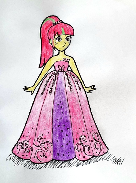Size: 2268x3057 | Tagged: safe, artist:fude-chan-art, derpibooru import, sour sweet, equestria girls, clothes, clothes swap, costume conundrum: rarity, dress, female, image, jpeg, solo, traditional art