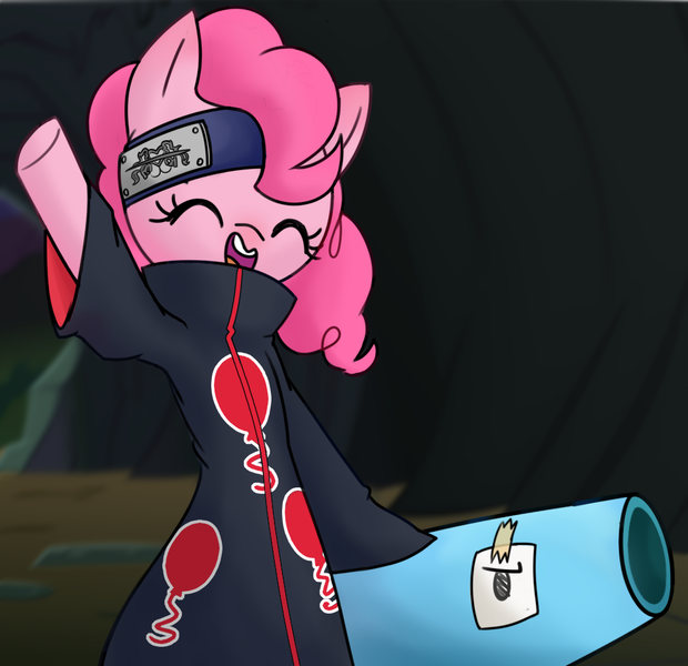 Size: 971x940 | Tagged: safe, artist:clumspyart, derpibooru import, pinkie pie, pony, akatsuki, bipedal, clothes, female, image, naruto, naruto shippuuden, party cannon, png, solo