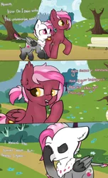 Size: 2200x3629 | Tagged: suggestive, artist:dumbwoofer, derpibooru import, oc, oc:cherry feather, oc:zeny, hippogriff, pegasus, pony, comic, dialogue, ear fluff, facehoof, facepalm, fangs, female, image, misunderstanding, mother and child, mother and daughter, png, ponytail, walking, wrong answer