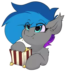 Size: 3522x3685 | Tagged: safe, artist:rileyisherehide, derpibooru import, oc, oc:lyssa, unofficial characters only, bat pony, pony, commission, cute, eating, eyebrows, eyebrows visible through hair, fangs, food, high res, image, ocbetes, png, popcorn, simple background, smiling, solo, transparent background, ych result