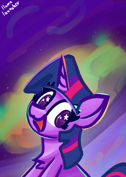 Size: 1879x2625 | Tagged: safe, artist:llamalauncher, derpibooru import, twilight sparkle, twilight sparkle (alicorn), alicorn, aurora borealis, chest fluff, female, image, png, solo, wingding eyes