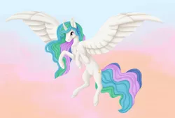 Size: 1024x692 | Tagged: safe, artist:believeinshadows, derpibooru import, princess celestia, alicorn, pony, female, flying, image, jpeg, solo