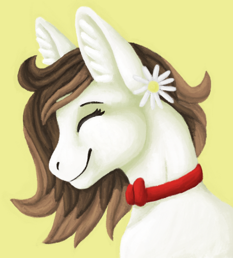 Size: 458x508 | Tagged: safe, artist:believeinshadows, derpibooru import, oc, oc:akouio, unofficial characters only, bust, eyes closed, flower, flower in hair, image, png, portrait, profile, simple background, smiling, solo