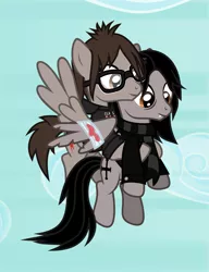 Size: 1415x1839 | Tagged: safe, artist:lightningbolt, derpibooru import, ponified, pegasus, pony, .svg available, bags under eyes, bandage, bandaged wing, blood, blood stains, broken wing, brothers, carrying, clothes, cloud, derpibooru exclusive, duo, duo male, fangs, flying, gerard way, glasses, happy, hoodie, image, jacket, jewelry, looking down, male, mikey way, my chemical romance, necklace, partially open wings, png, scarf, siblings, simple background, sky, smiling, spread wings, stallion, tattered, torn wings, vector, wings