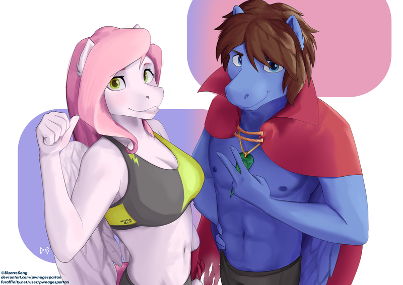 Size: 3508x2480 | Tagged: safe, artist:pwnagespartan, derpibooru import, oc, oc:bizarre song, oc:sugar morning, unofficial characters only, anthro, pegasus, abs, belly button, breasts, cape, cleavage, clothes, female, image, looking at you, male, oc x oc, png, shipping, sports bra, straight, sugarre, wings