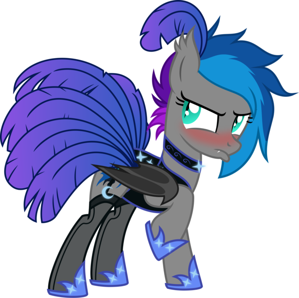 Size: 2223x2217 | Tagged: safe, artist:bnau, derpibooru import, oc, oc:lyssa, unofficial characters only, bat pony, pony, blushing, burlesque, choker, clothes, cuffs, derpibooru exclusive, ear fluff, fangs, feather, female, garters, hoof shoes, image, leotard, png, shoes, showgirl, socks, stockings, thigh highs, vector