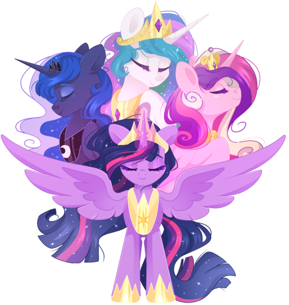 Size: 2163x2283 | Tagged: safe, artist:cinnamontee, derpibooru import, princess cadance, princess celestia, princess luna, princess twilight 2.0, twilight sparkle, twilight sparkle (alicorn), alicorn, pony, the last problem, alicorn tetrarchy, crown, ethereal mane, eyes closed, female, high res, hoof shoes, image, jewelry, mare, older, older twilight, peytral, png, regalia, royal sisters, siblings, simple background, sisters, smiling, spread wings, starry mane, transparent background, wings